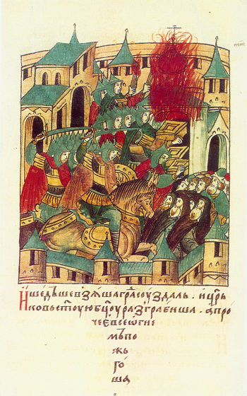 Il saccheggio di Suzdal da parte di Batu Khan in una miniatura del XVI secolo